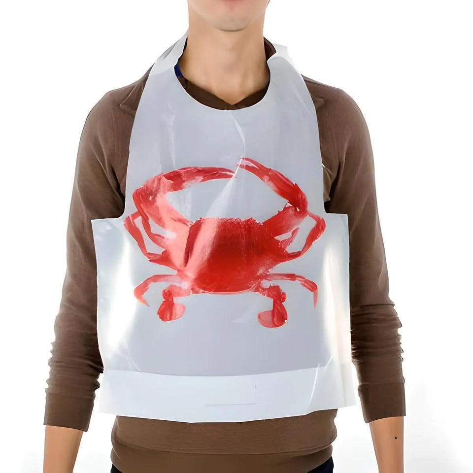 Sandhill Tools 300 Pack Disposable Adult Crab Bibs Lightweight Soft Comfortable Bibs for Easy Cleanup Plastic 16" x 22" Clothing Protector with 4" Pocket for Cooking and Dining Seafood