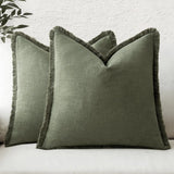 MIULEE Boho Farmhouse Pillow Covers Decorative Neutral Linen Throw Pillow Covers Set of 2 Dark Olive Green Cushion Covers with Fringe for Couch Sofa Bed Living Room Spring Home Decor 18x18 Inch
