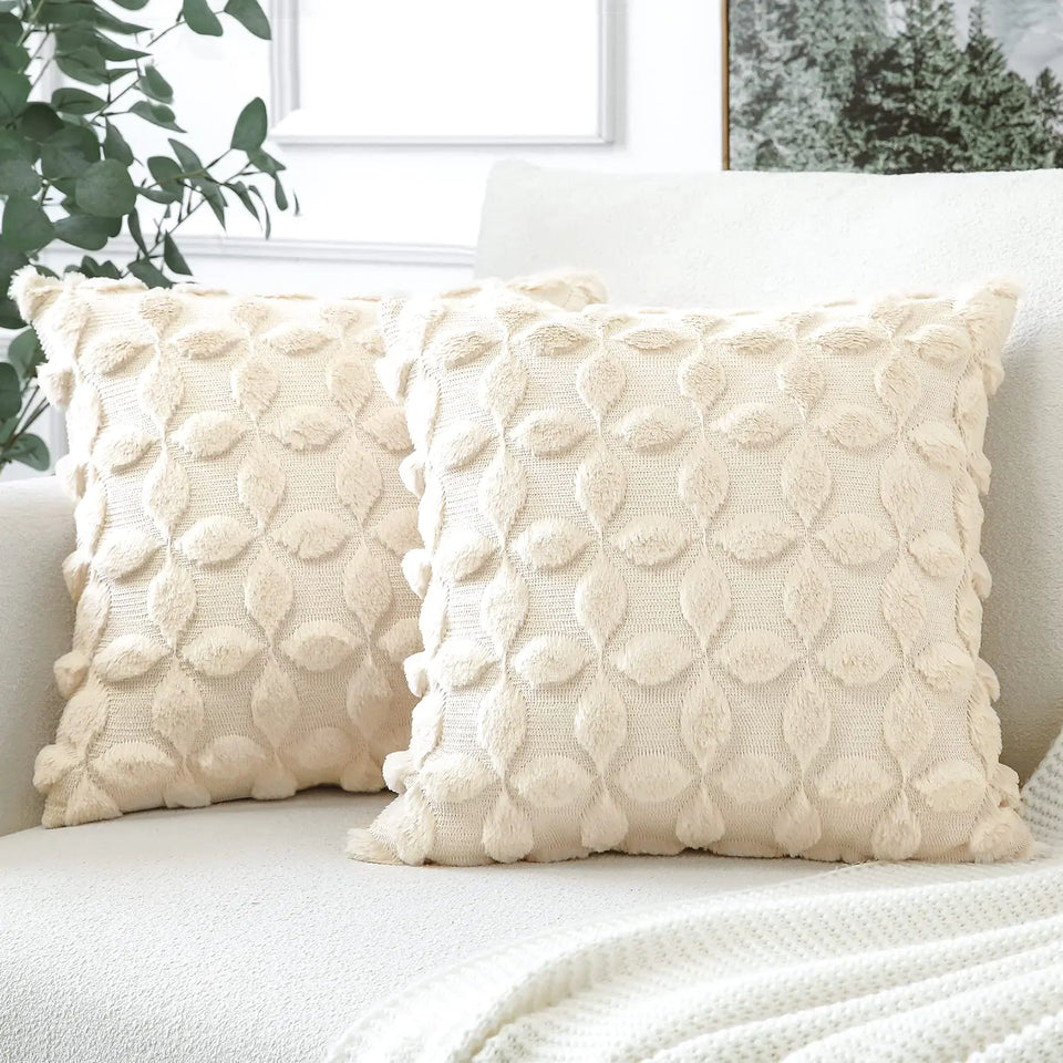 OTOSTAR Set of 2 Soft Plush Short Wool Velvet Decorative Throw Pillow Covers with 3D Flower Pattern Cushion Covers - Couch Sofa Pillow Covers for Living Room - Cream Beige 24x24 Inch