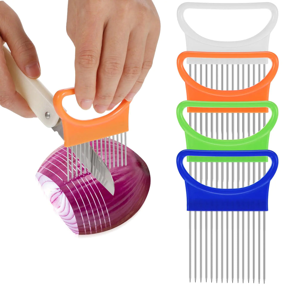 Andibro 4 Pcs Onion Holder for Slicing Stainless Steel Onion Slicer Onion Cutter Chopper Crinkle Cutter for Veggies Meat Cutter Holder Comb Fruit Cutter for Kitchen Worker Safety Cooking Tools