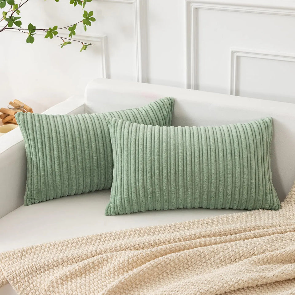 Kevin Textile Spring Oblong Throw Pillow Striped Corduroy Rectangle Pillow Covers for Couch Lumbar Cushion Covers 12 x 20 inch Sage Green 2 Pack
