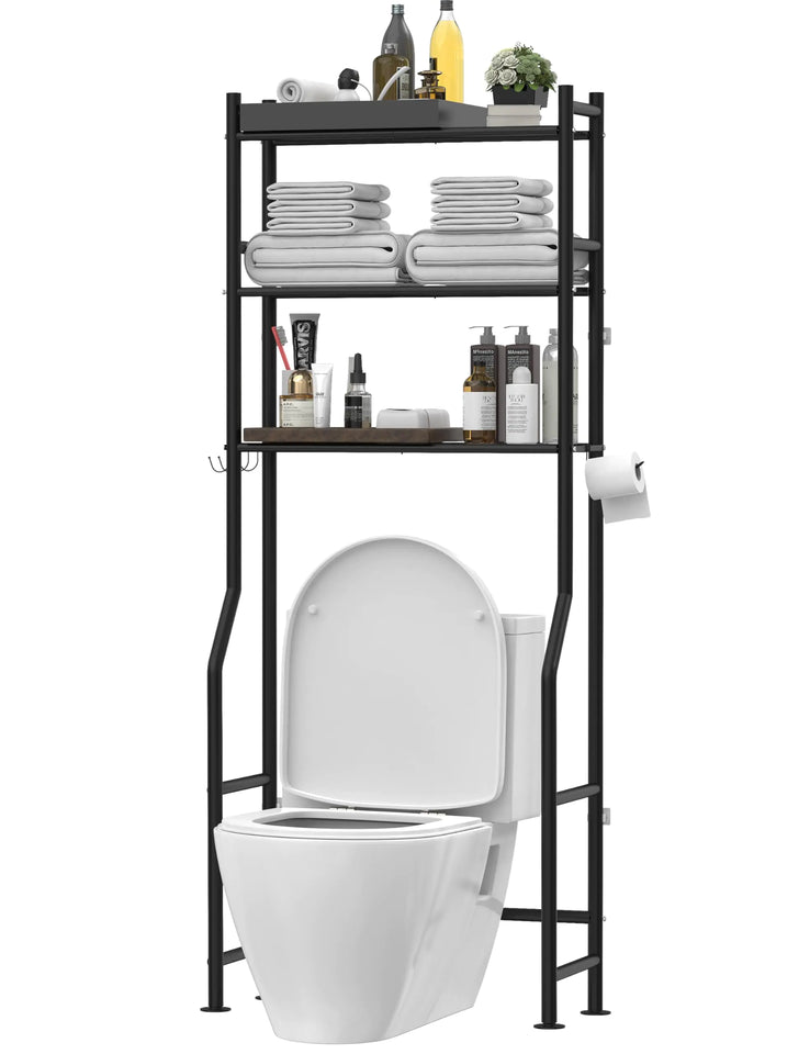 Livilord 3-Tier Over The Toilet Storage Freestanding Metal Bathroom Shelves with 4 Hooks Over Toilet Storage Shelf with Paper Holder Above The Toilet Shelf for Bathroom Storage Black