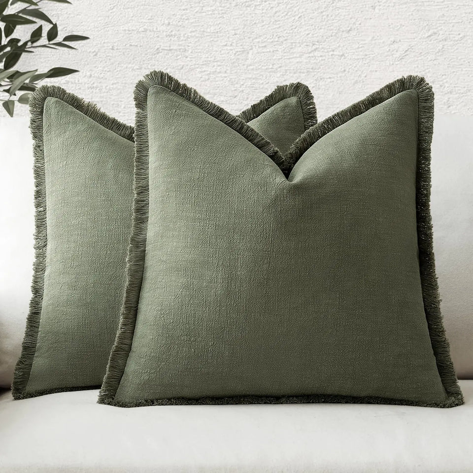 MIULEE Boho Farmhouse Pillow Covers Decorative Neutral Linen Throw Pillow Covers Set of 2 Dark Olive Green Cushion Covers with Fringe for Couch Sofa Bed Living Room Spring Home Decor 18x18 Inch