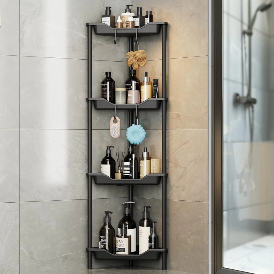 Vetacsion Corner Shower Caddy 4 Tier Standing Rustproof Shower Organizer Plastic Metal Splicing Floor Shower Shelves for Bathroom Storage Black