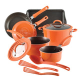 Rachael Ray Cook + Create Nonstick Pots and Pans Set with Universal Space-Saving Lids Baking Pan/Cookie Sheet and Kitchen Cooking Tools Cookware Set 11 Piece - Orange