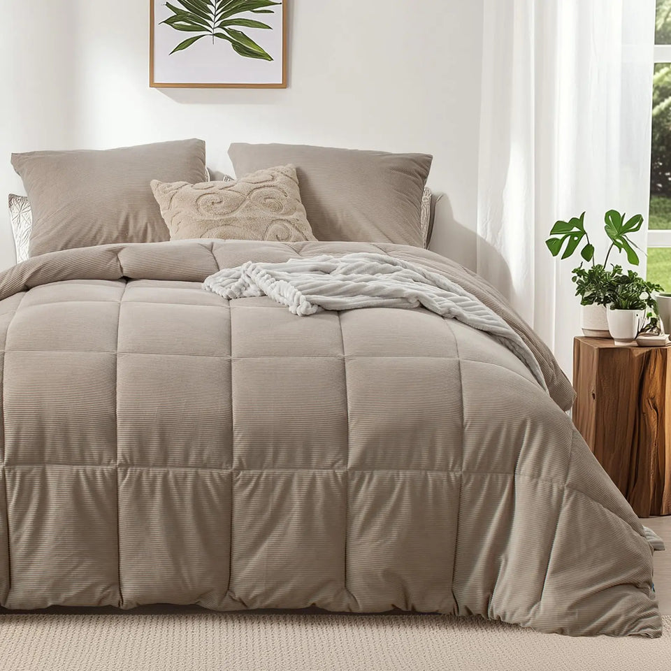 KASENTEX Queen Corduroy Comforter Set - 3 Pieces Fluffy Down Alternative Warm Duvet Insert with Soft Brushed Microfiber Reverse Cozy Bedding Sets Box Stitched for All-Season Comfort Light Brown